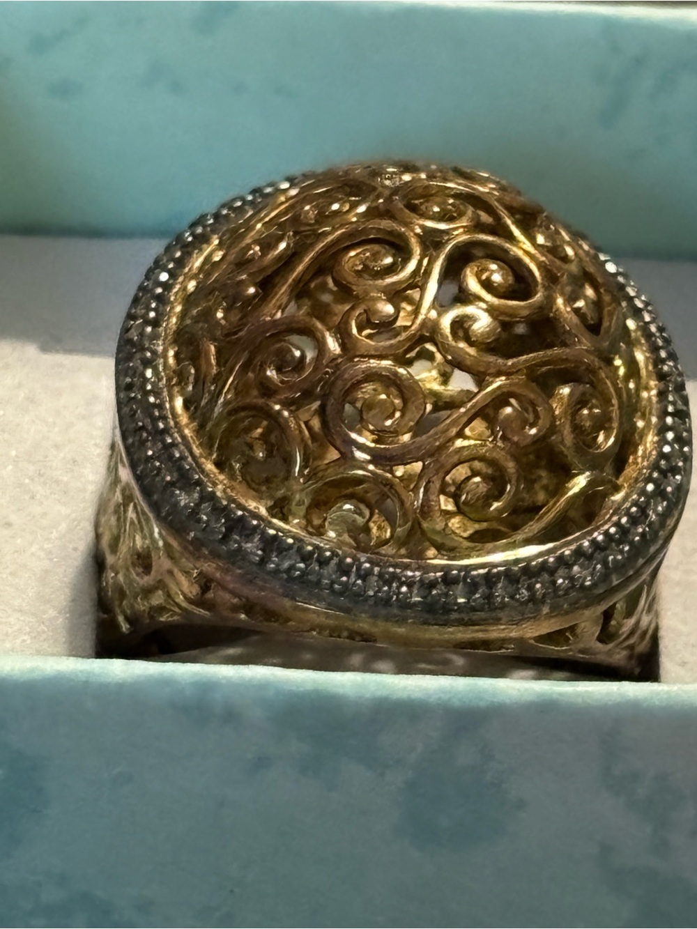 925 Sterling Silver Gold Vermeil Filigree Dome Statement Ring Size 7.5 - 8
